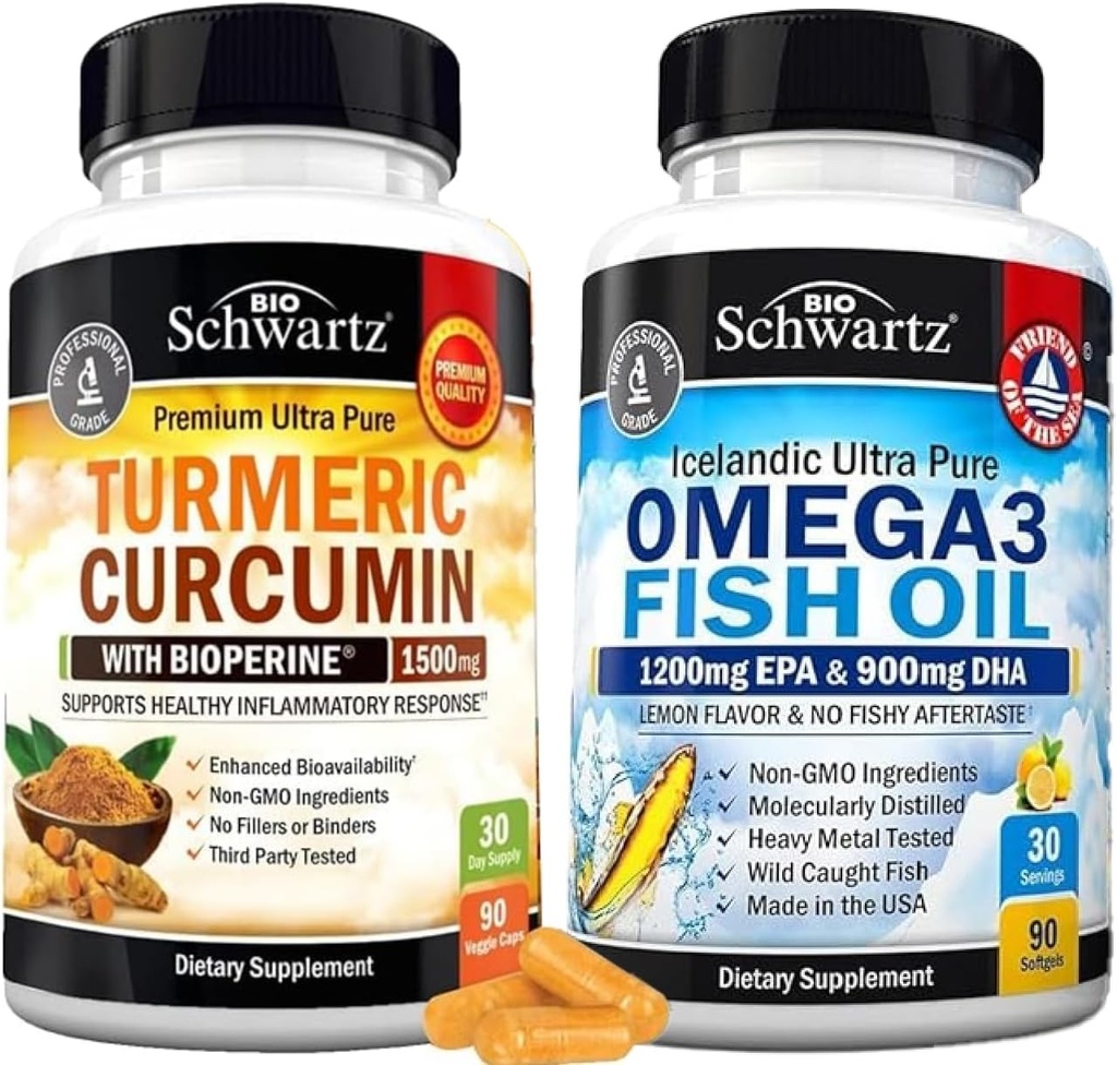 Triple Strength Omega 3 Fish Oil Softgels (1 Μήνας Προμήθεια) Plus κουρκουμίνη κουρκουμίνη με εκχύλισμα μαύρου πιπεριού 1500mg Complex (1 Μήνας Προμήθεια)