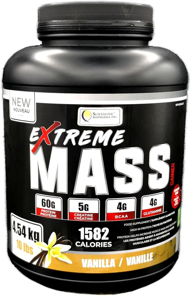 Extreme Mass Weight Gainer Muscle Builder, 10 λίβρες (4,54 κιλά) με λιγότερη ζάχαρη για εντατική προπόνηση από υψηλή θερμίδα Ενισχυμένη πρωτεΐνη ορού γάλακτος (Vanilla)