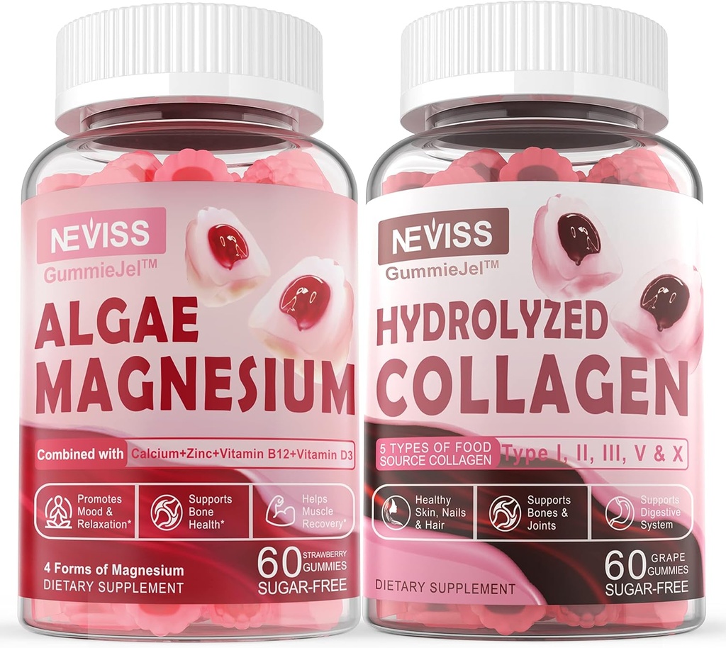 Hydrolyzed Collagen Gummies + Ασβέστιο Μαγνήσιο Gummies για ενήλικες - Χωρίς ζάχαρη, Υποστηρίξτε υγιή νύχια του δέρματος, οστά & νεύρα υγεία, μυϊκή λειτουργία & διάθεση