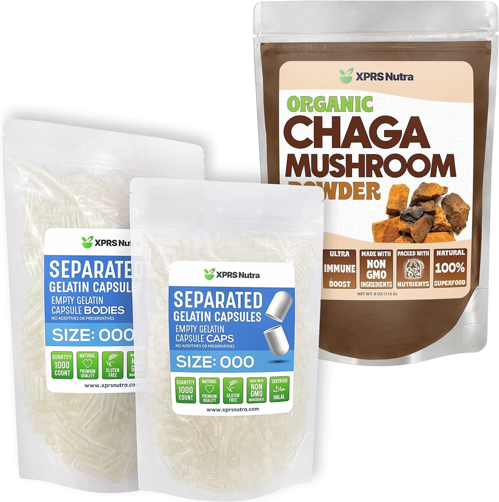 XPRS Nutra Separated Size 000 Capsules (1000 Count) with Chaga Powder (8 Ounce) Bundle