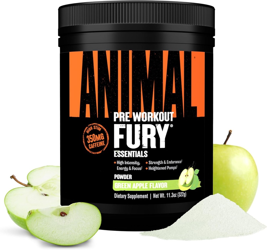Zimal Fury Pre Workout Powder - Green Apple, 350mg καφεΐνη, BCAA Amino Acids, 2g Beta Alanine, Κιτρουλίνη & Τυροζίνη, Ενέργεια, Εστίαση, Δύναμη, Αντοχή, Προπόνηση για Άνδρες & Γυναίκες, 20 Υπηρεσίες