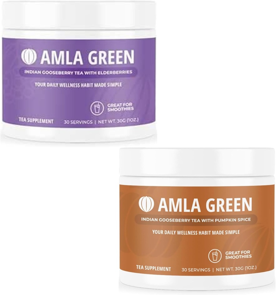Amla Powder & Green Tea Superfood Supplement with Elderberry & Pumpkin Spice, Organic, Vegan, 30 Servings