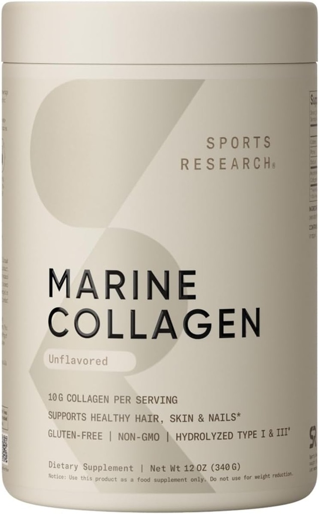 Sports Research Marine Collagen Peptides Peptides Powder - Προέρχεται από το Wild-Caught Fish, Pescatarian Friendly, Keto Certified & Non-GMO Επαληθευμένο - Εύκολη ανάμιξη σε νερό ή χυμό! (34 Servings)