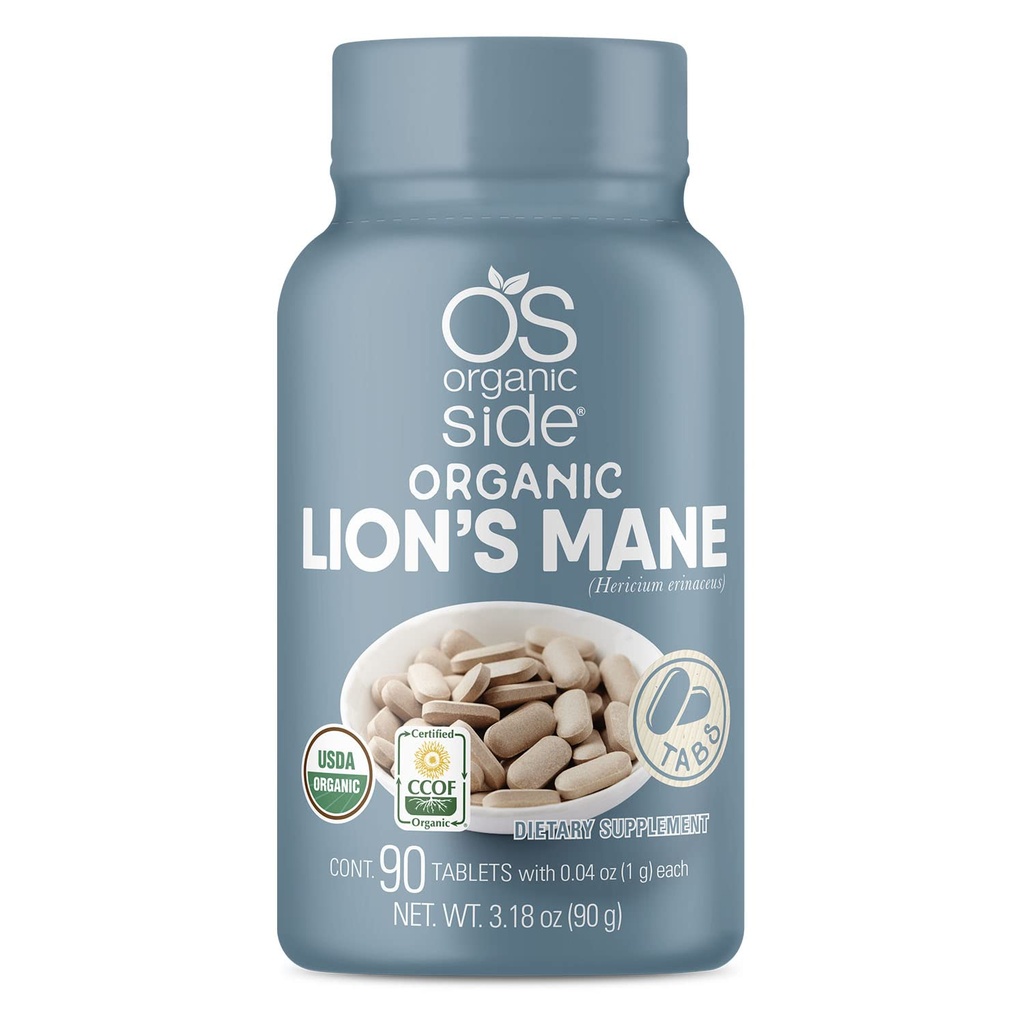OS Organic Side | Lions Manes Mane Tablets | 100% Pure Organic | USDA Certified | Non-GMO, Plant-Based Memory & Focus Support | 1,120 Mg Per Serving | 90 Tablets