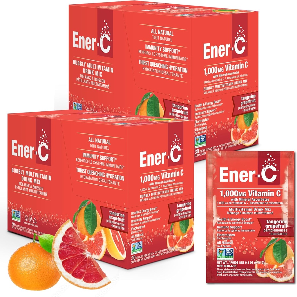 Ener-C Tangerine & Grapefruit Multivitamin Drink Mix, 1000mg Βιταμίνη C, μη ΓΤΟ, Vegan, Real Fruit Juice Powders, Natural Immunity Support, Electrolytes, Gluten Free, 2-Packs of 30 (60 Count)