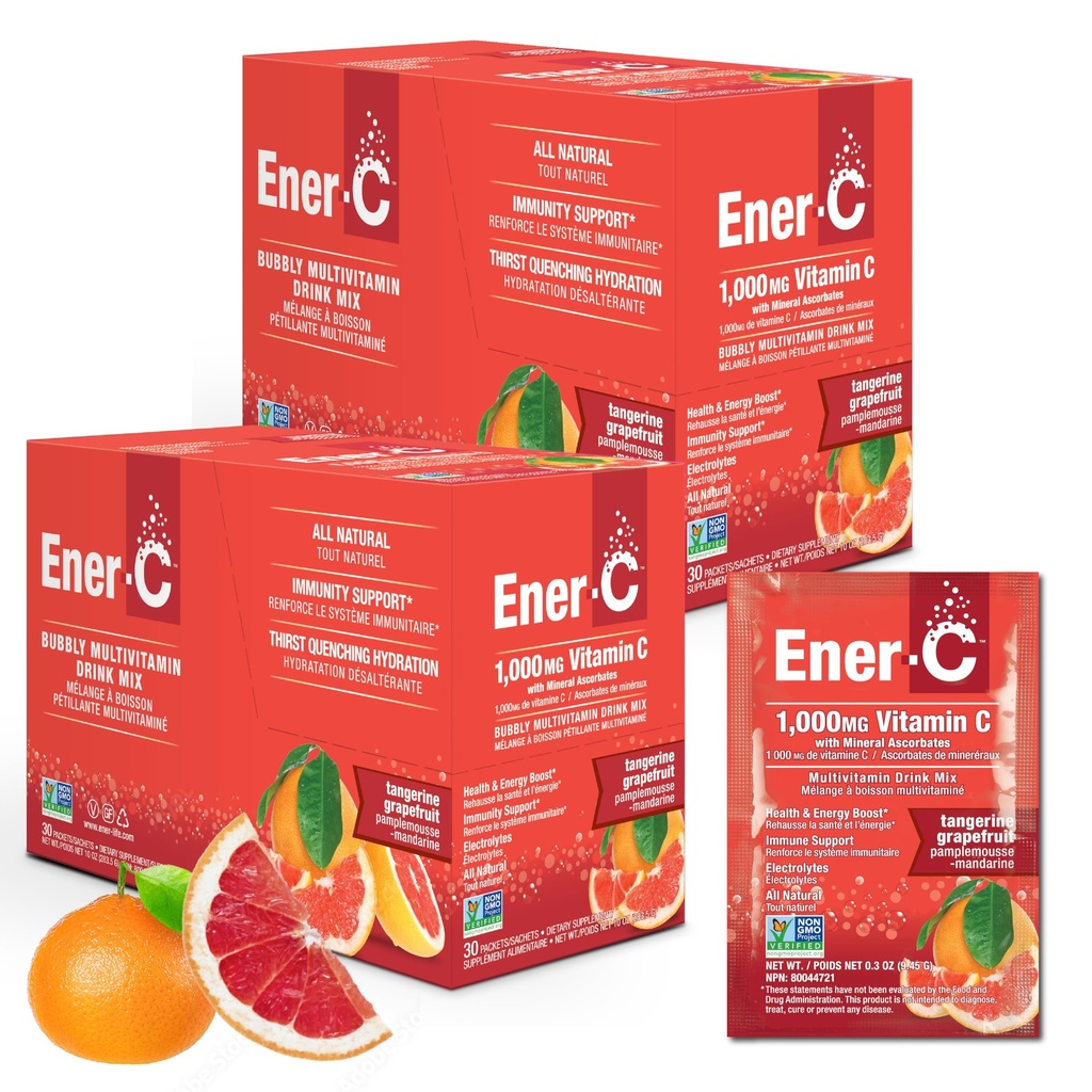 Ener-C Tangerine & Grapefruit Multivitamin Drink Mix, 1000mg Βιταμίνη C, μη ΓΤΟ, Vegan, Real Fruit Juice Powders, Natural Immunity Support, Electrolytes, Gluten Free, 2-Packs of 30 (60 Count)