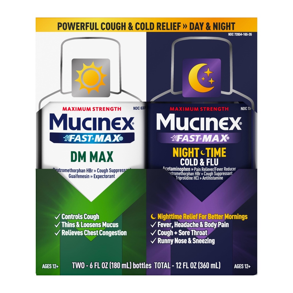 Μέγιστη δύναμη Mucinex FastMax DM Max & Mucinex Nightshift Ψυχρό & Υγρό γρίπης (2 x 6 fl. oz.) Λεπτά & Χαλαρώνει Mucus, Ανακουφίζει τη Συμφόρηση Βήχας & Θώρακος, Πόνος, Πυρετός, Φτάρνισμα, Πονηρό Λαρύγγι, Runny Μύτη