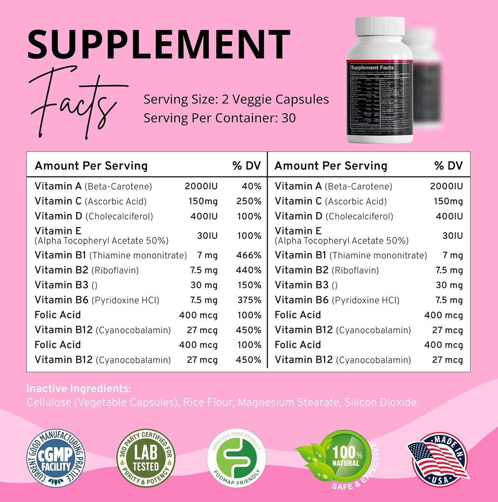 Stellar Labs Low FODMAP Vegan Women's Ultra Multi-Vitamin | Easy to Digest Daily Multivitamin Without Iron | Low Energy Supplement, Female Support | Easy to Swallow Veggie Capsules | 60 Count