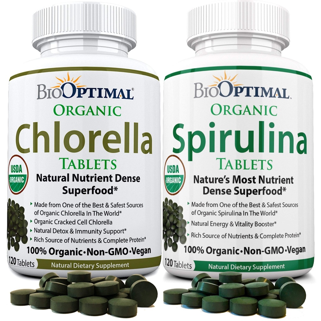 BioOptimal Chlorella Spirulina - Bundle - Βιολογικά δισκία χορελών & Βιολογικά δισκία σπιρουλίνας, 120 Count Each, Premium Quality 4 Organic Certifications