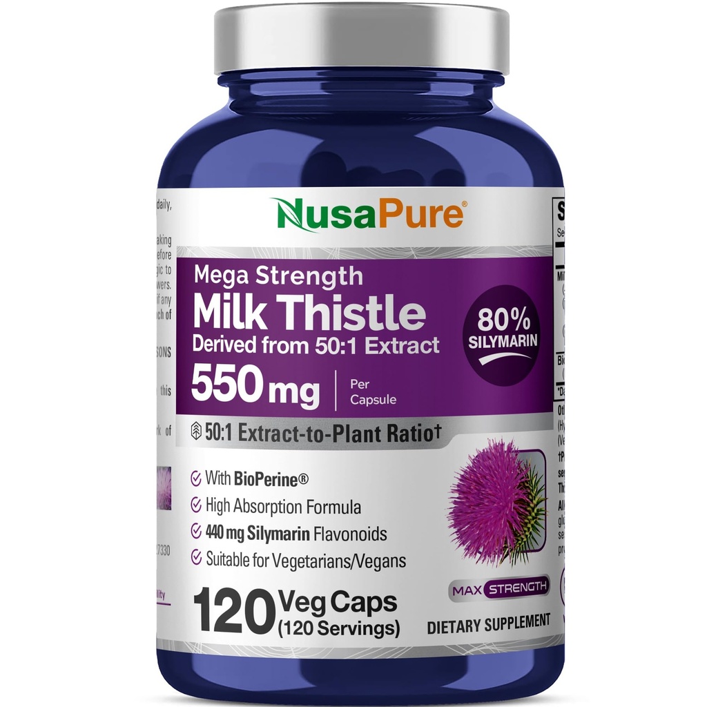 NusaPure Milk Thistle 50:1 Extract, 550 mg Ισοδύναμο με 27.500mg 120 Κάψουλες Veggie Non-GMO, Vegan Max Strength - Standardized 80% Silymarin, Bioperine