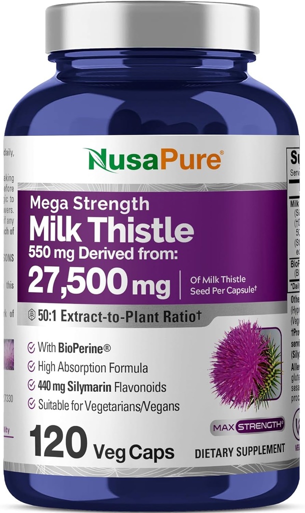 NusaPure Milk Thistle 50:1 Extract, 550 mg Equivalent to 27,500mg 120 Veggie Capsules Non-GMO, Vegan Max Strength - Standardized 80% Silymarin, Bioperine