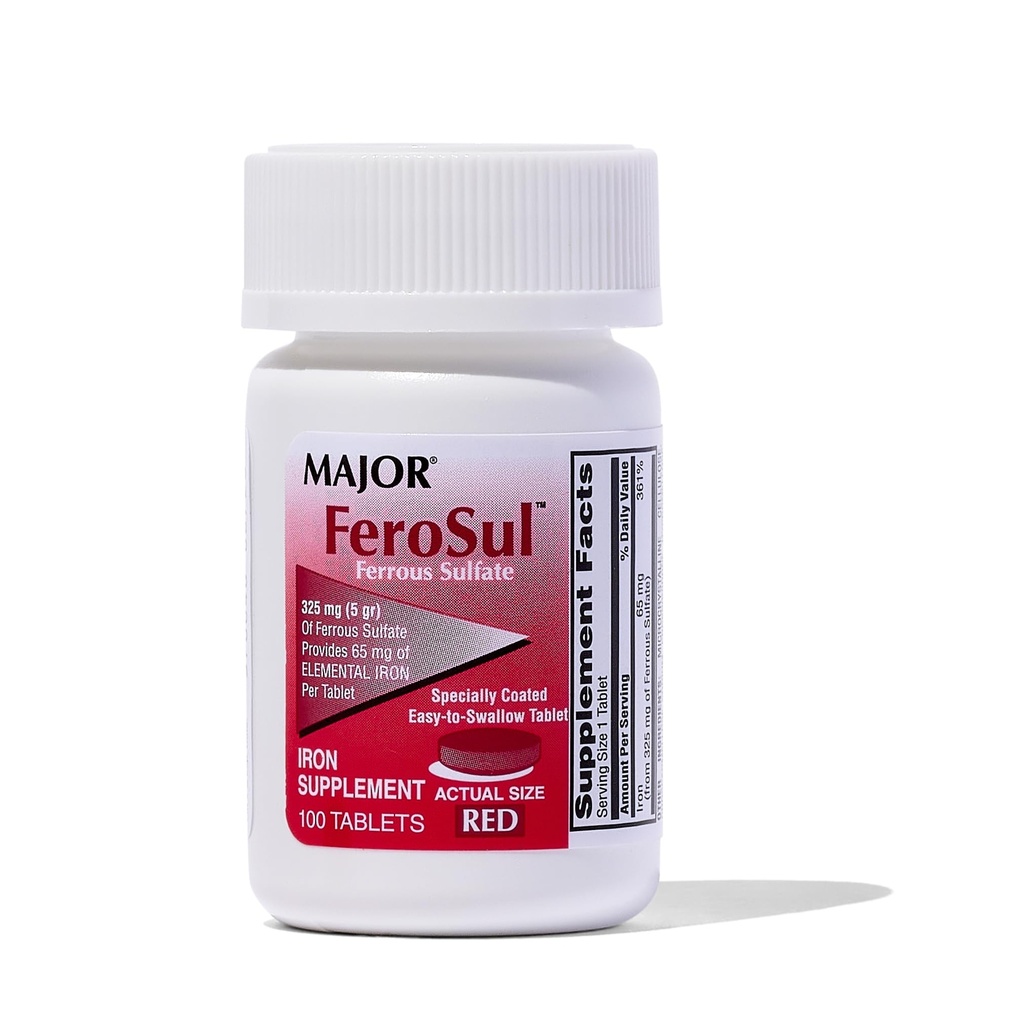 Major Ferosul - Σιδήρου Sulfate 325mg Δισκία με 65mg Στοιχειακού σιδήρου - Συμπλήρωμα σιδήρου για γυναίκες, άνδρες - κόκκινο - 100 δισκία - Συσκευασία του 1