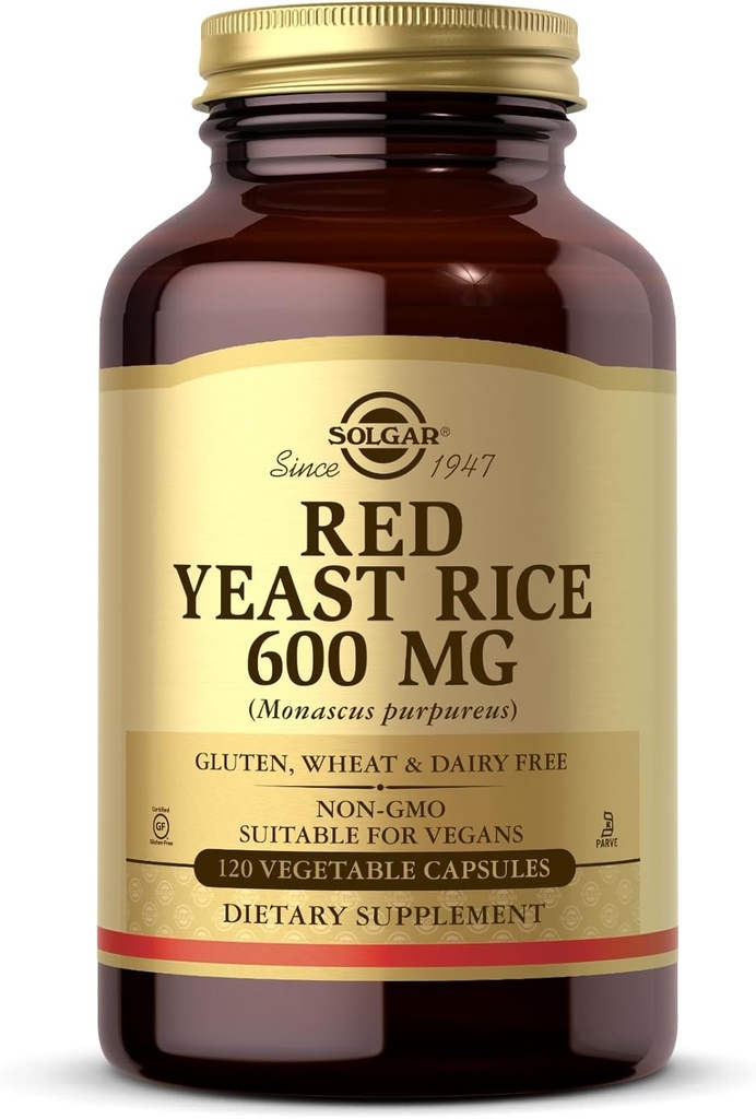 Solgar Red Yeast Rice 600 mg - 120 κάψουλες λαχανικών - Μη ΓΤΟ, Vegan, Γλουτένη & Γαλακτοκομικά, Kosher - 60 Σερβιέτες