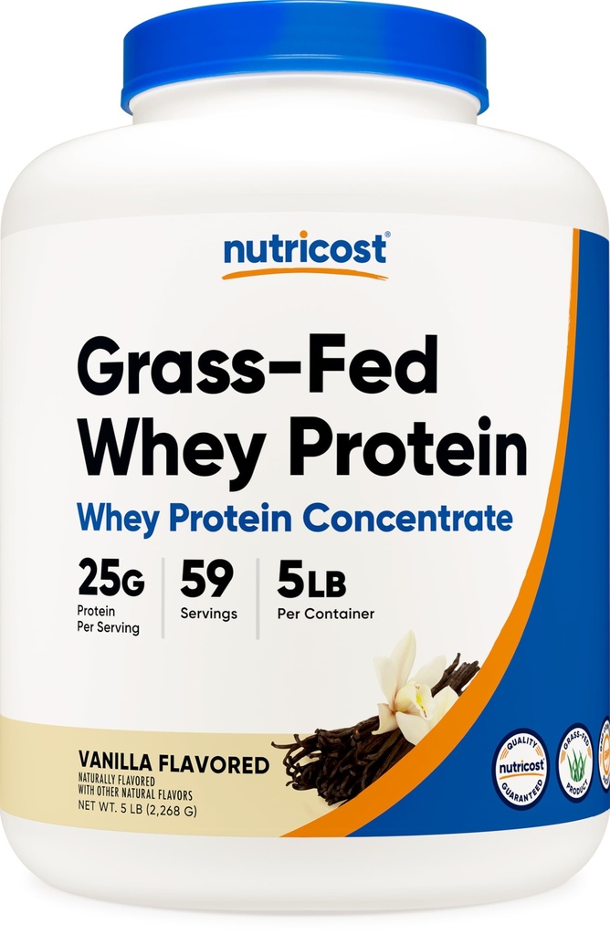 Nutricost Grass-Fed συμπύκνωμα πρωτεΐνης ορού γάλακτος (Vanilla) 5LBS - Μη μετουσιωμένο, μη ΓΤΟ, Χωρίς γλουτένη, Φυσικές Γεύσεις