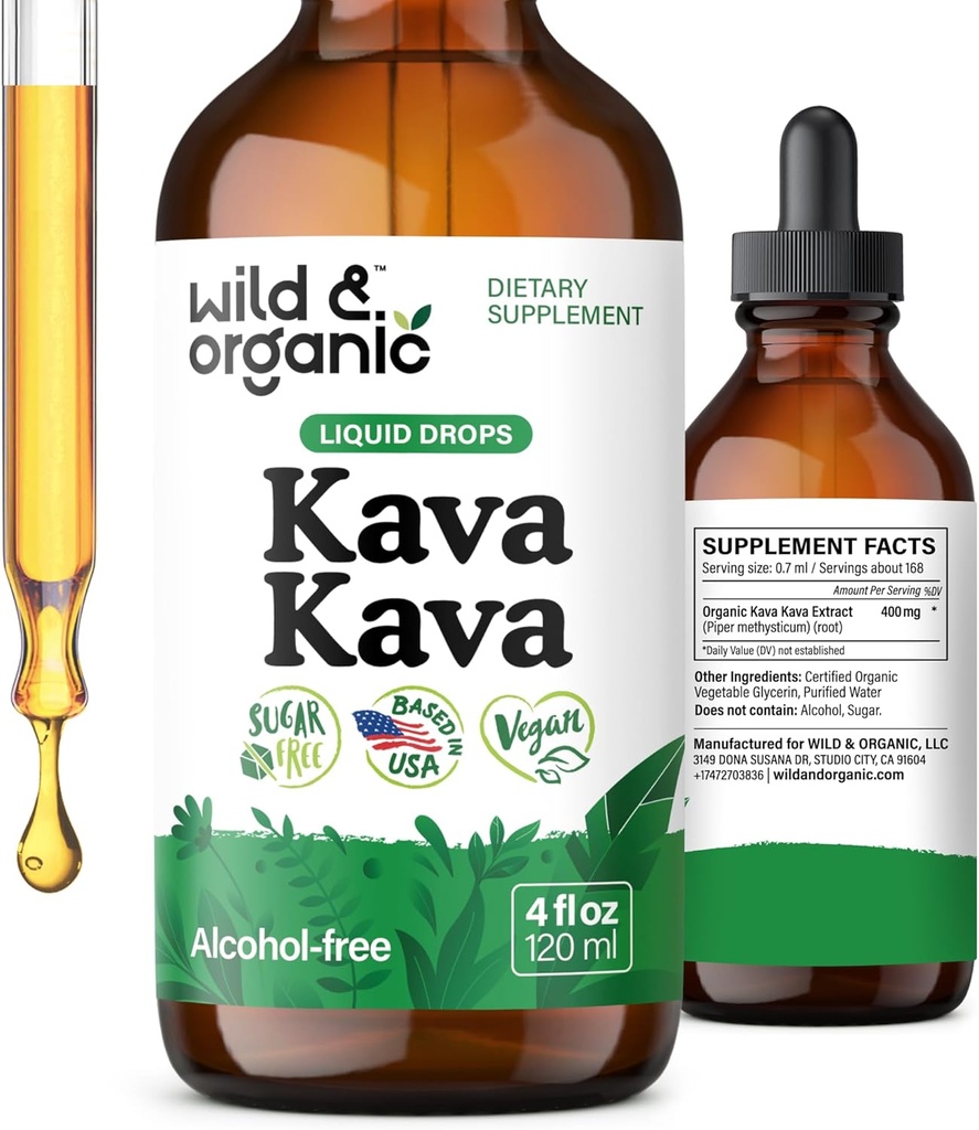 Wild & Organic Kava Kava Drops 400 mg - Συμπλήρωμα ηρεμίας & χαλάρωσης - 5-μηνιαία προσφορά - Vegan, ζάχαρη & αλκοόλ-ελεύθερο υγρό ριζικό εκχύλισμα σταγόνες - 4 fl oz