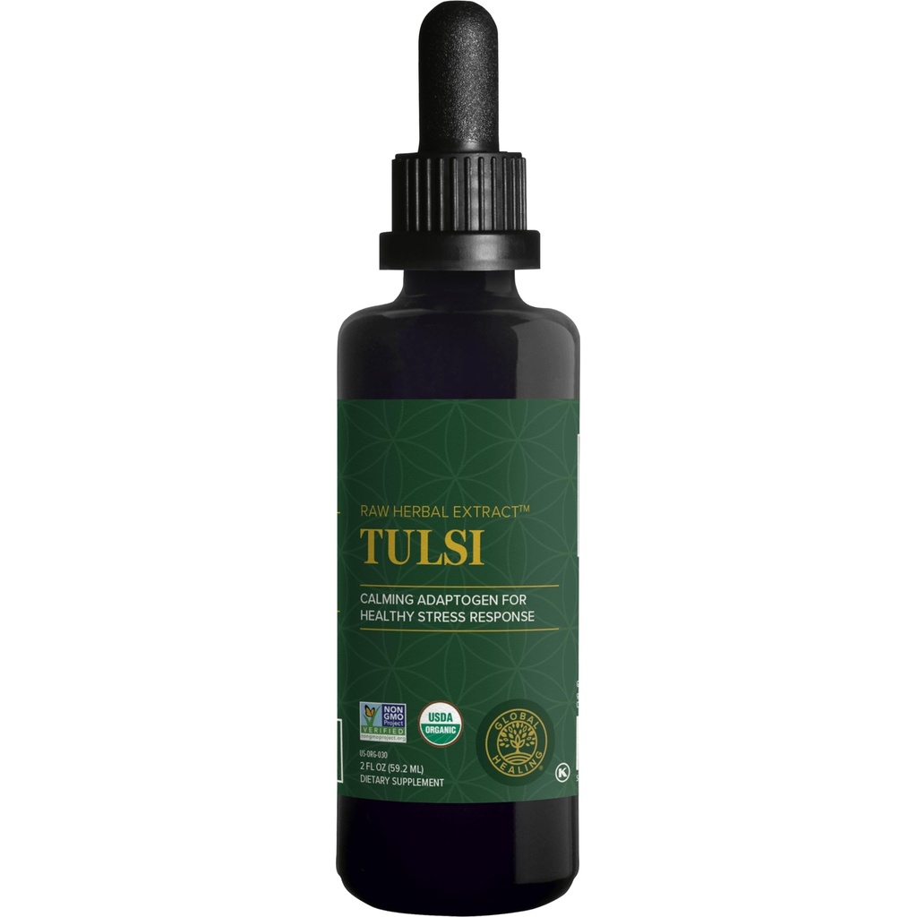 Global Healing Center - Organic Tulsi (Holy Basil Leaf Extract) Vegan Liquid Supplement Drops (Organic Basil) - Βιοδιαθέσιμο βότανο για φυσιολογική αντίδραση στο στρες, φυσική ενέργεια & ανοσοποιητική υποστήριξη
