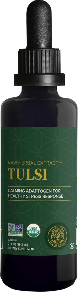 Global Healing Center - Organic Tulsi (Holy Basil Leaf Extract) Vegan Liquid Supplement Drops (Organic Basil) - Βιοδιαθέσιμο βότανο για φυσιολογική αντίδραση στο στρες, φυσική ενέργεια & ανοσοποιητική υποστήριξη