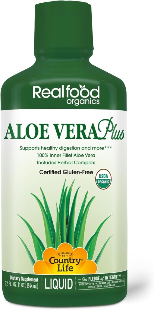 Χώρα Ζωή Realfood Organics Liquid Aloe Vera Plus - Υποστηρίζει Digestive Health & Immune System - με Slippery Elm, Ginger, Turmeric, Peppermint - Organic ACTIValoe, Qmatrix Process - 32 oz