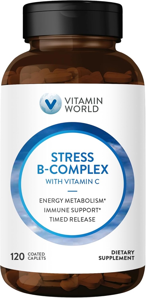 Vitamin World Stress Vitamin B Complex με Βιταμίνη C, Timed Release Υψηλής ισχύος Βιταμίνη Β6, Β12, Νιασίνη, Φολικό & Βιοτίνη για Στρες, Ενέργεια, Μεταβολισμός & Ανοσολογική Υποστήριξη, Μη-ΓΤΟ, 120 Caplets
