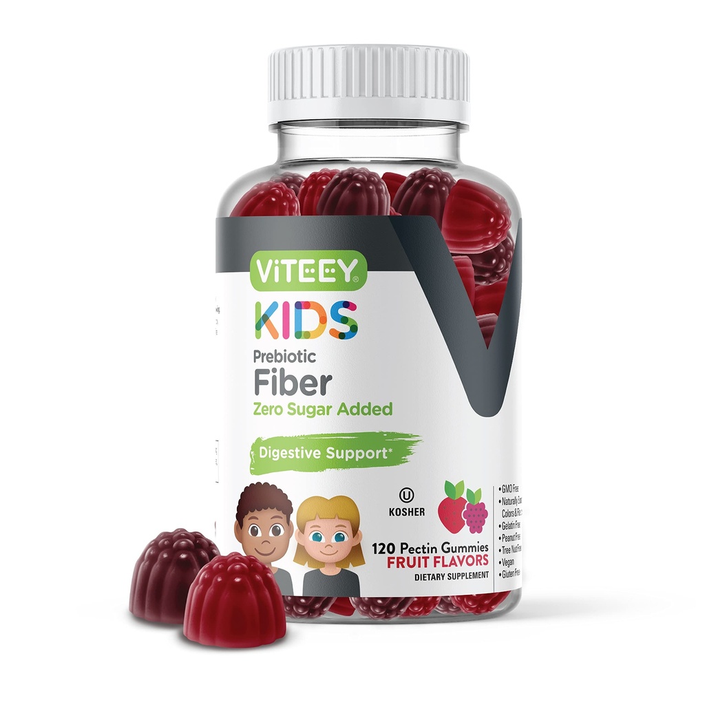 Viteey Prebiotic Kids Fiber για την ανακούφιση της δυσκοιλιότητας, Digestive Health Regularity Support, Natural Weight Support - Fiber 4g, Zero Sugar Added, Vegan, Gluten Free - Νόστιμο Cheastable Fruit Flavored Gummy