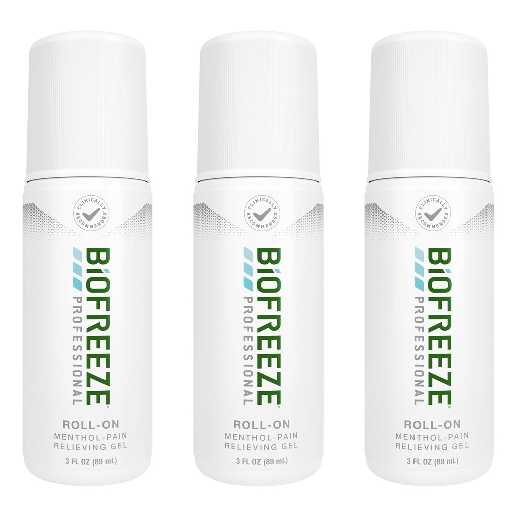 Biofreeze Professional Pain Reliver Roll on for Knee, Neck, Hip, Joint, & Shoulder, Simple Bache Pain Reliever, Sore Muscle Relief, Roll-On Menthol Gel 3 FL Oz (Pack of 3)