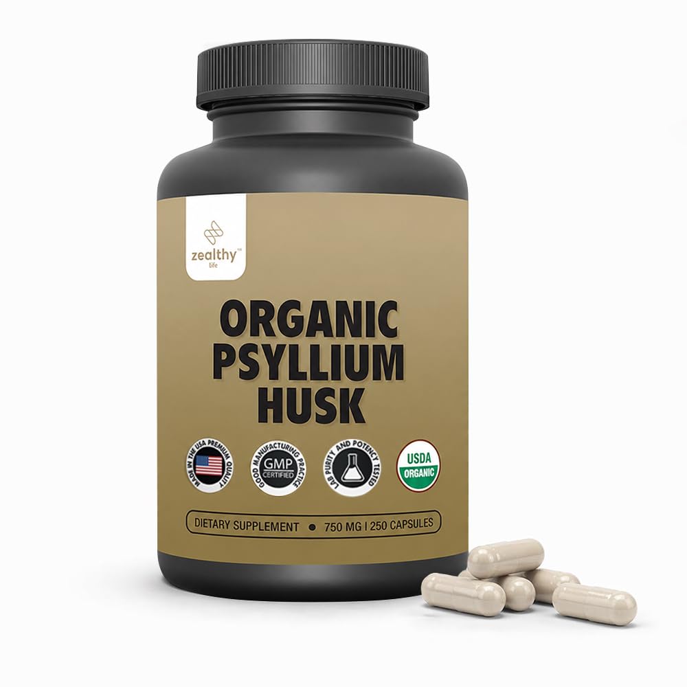 Οργανικές κάψουλες Psyllium Husk 750 mg, Φυσικό συμπλήρωμα ινών για την υγεία των ούλων* - Εναλλακτική της σκόνης Psyllium Husk, Zealthy Life, 250 κάψουλες