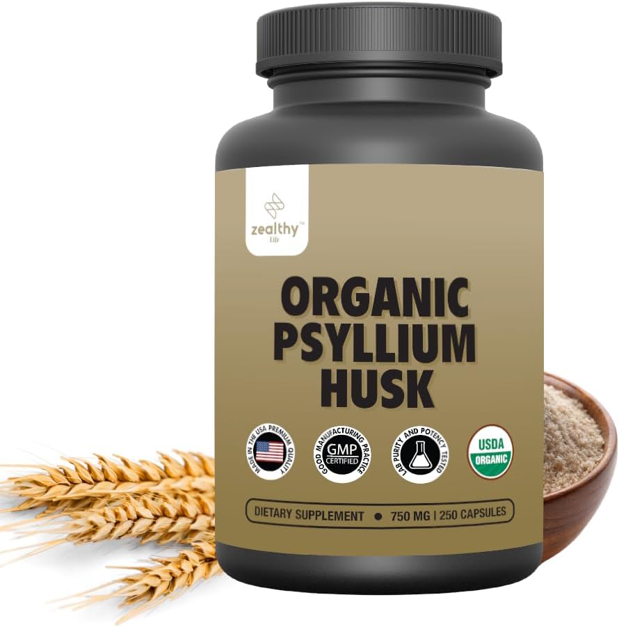 Οργανικές κάψουλες Psyllium Husk 750 mg, Φυσικό συμπλήρωμα ινών για την υγεία των ούλων* - Εναλλακτική της σκόνης Psyllium Husk, Zealthy Life, 250 κάψουλες