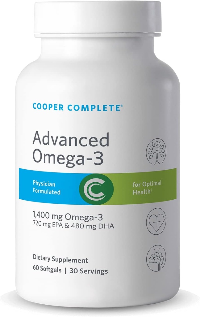 Cooper Complete - Advanced Omega 3 - συμπλήρωμα ιχθυελαίου, συμπυκνωμένο EPA + DHA Ωμέγα-3 λιπαρά οξέα 1400 mg - 60 Softgels ανά φιάλη. Συσκευασία των 3