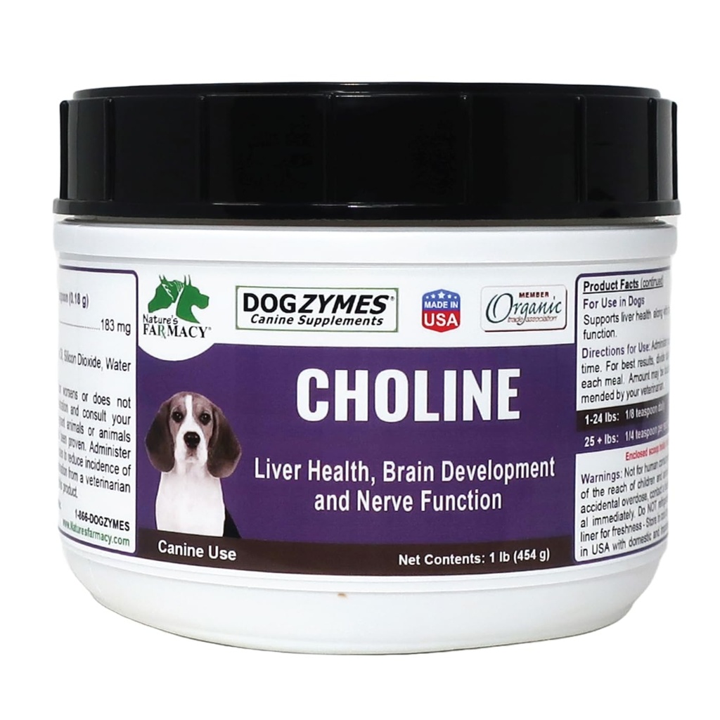 Dogzymes Choline βοηθά στη λειτουργία του εγκεφάλου και βοηθά επίσης με τις επιληπτικές κρίσεις και το Stroke Recovery. Χρησιμοποιείται επίσης για τον καθαρισμό του ήπατος των συσσωρευμένων λιπιδίων (1 λίρα)
