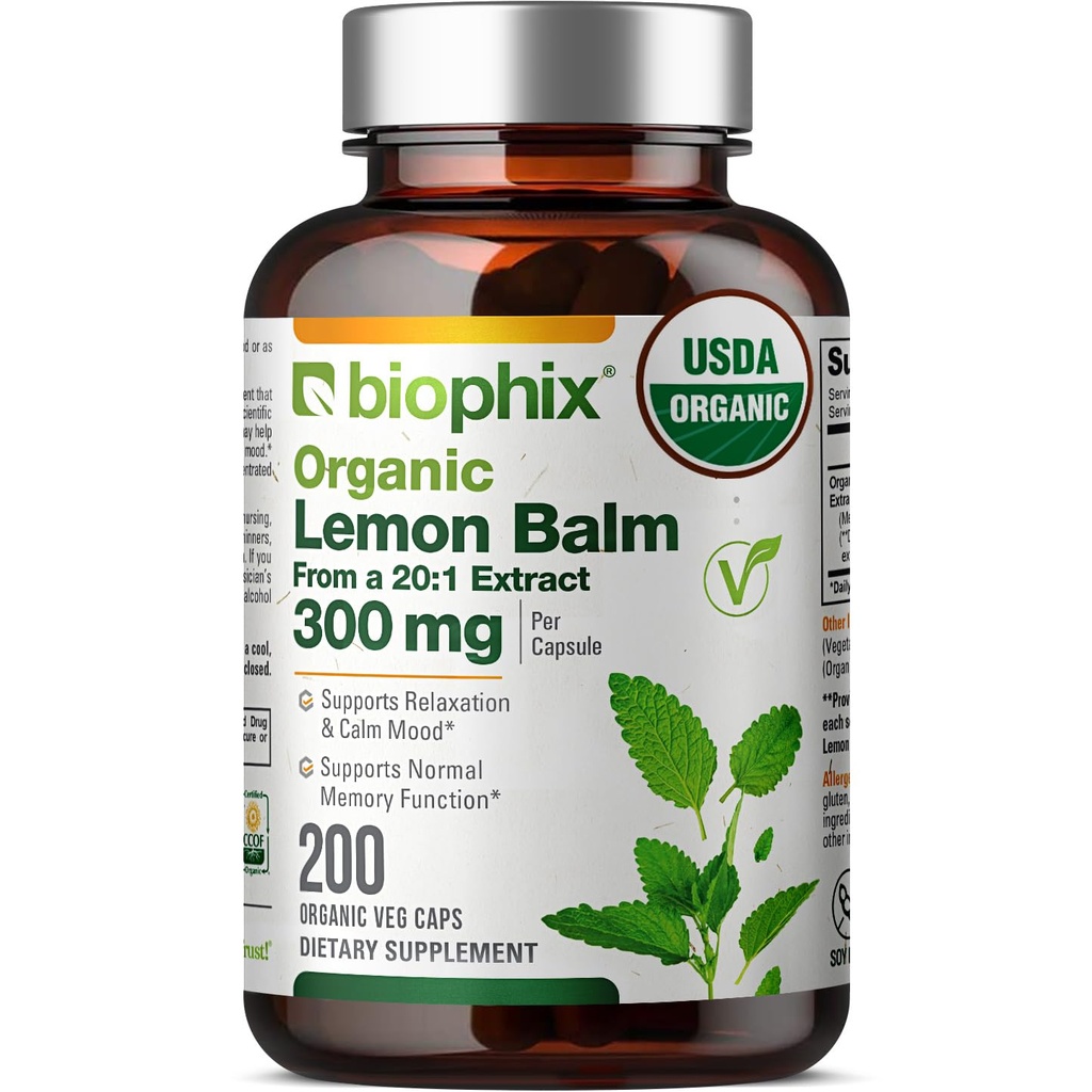 κάψουλες σάλπιγγας λεμονιού biophix USDA Organic 20:1 Extract 300 mg 200 Veggie Caps - Γνωστικό άγχος υγείας Sleep Mood Υποστήριξη Φυσικό συμπλήρωμα βοτάνων