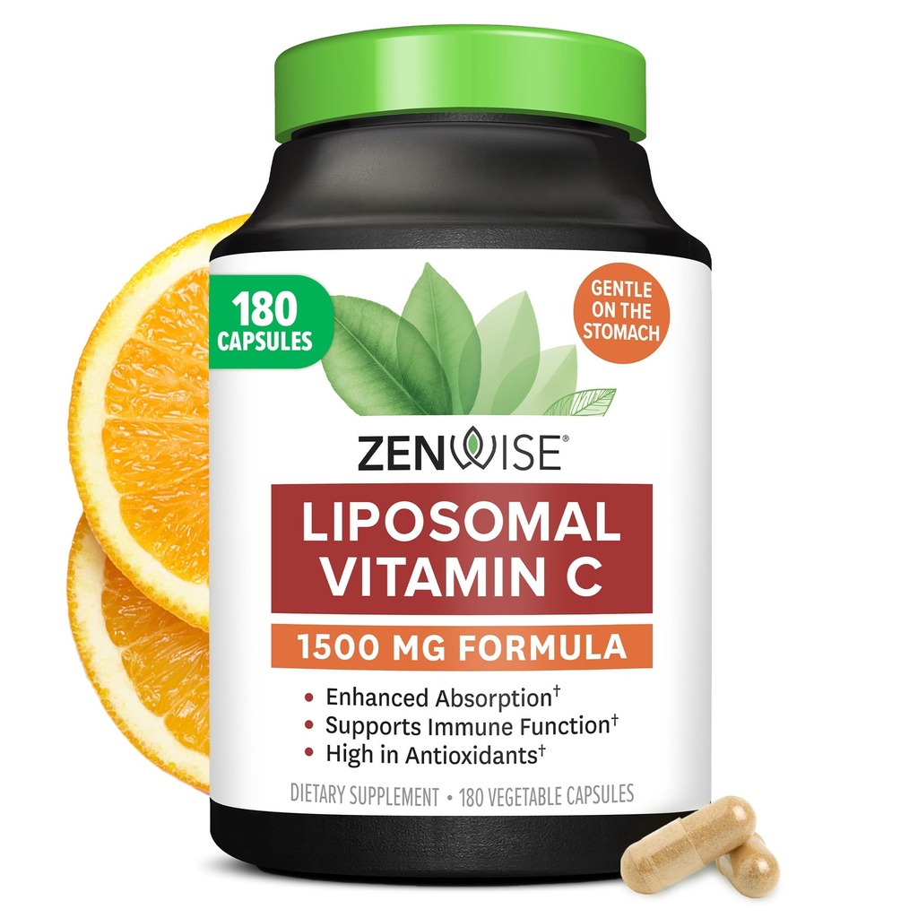 Zenwise Health Enhanced Abvorvation Liposomal Vitamin C Supplement - 1500mg Liposomal VIT C για την υποστήριξη του ανοσοποιητικού, Αντιοξειδωτικό & Natural Energy Boost - Organic & Gluten Free - Χωρίς γεύση, 180 κάψουλες