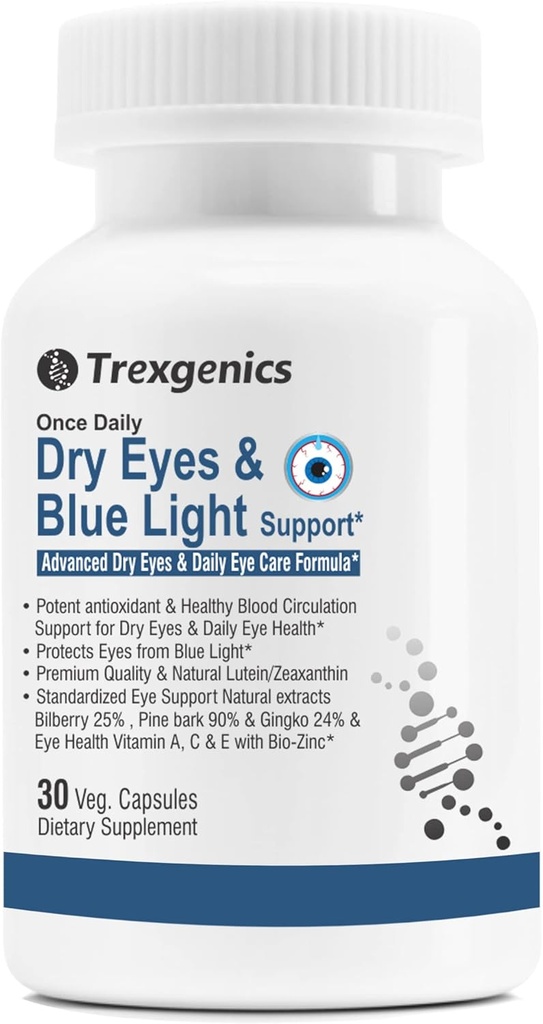 Trexgenics Dry Eyes & Blue Light Support Once Daily Vegetarian Formula with Lutein 10mg, Zeaxanthin 2mg, Bilberry, Ginkgo, Pine Bark, Vitamin C, Zinc & Vitamin A (30 Veg Capsules)