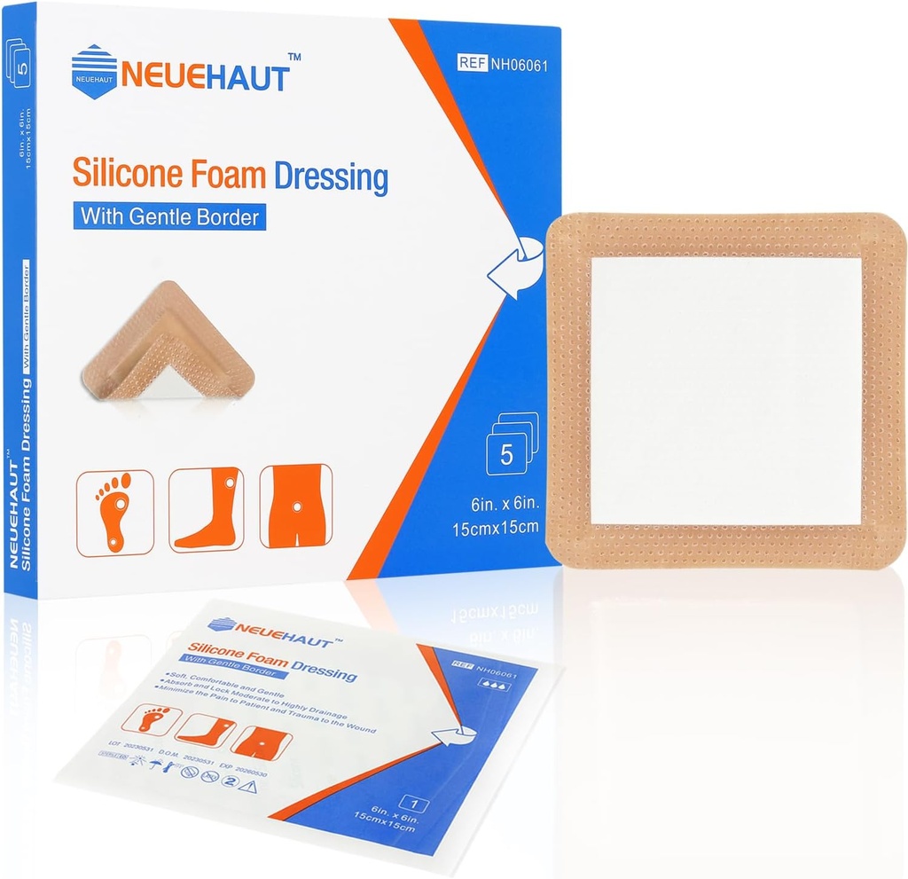 Σιλικόνη Αφρός Dressing with Gentle Adhesive Border 6''x6'', Bed Sore Pressure Ulcer Leg Ulcer Silicone Wound Bandage, Υψηλή Απορροφητικότητα Αδιάβροχη, 5 Pack by NeueHaut