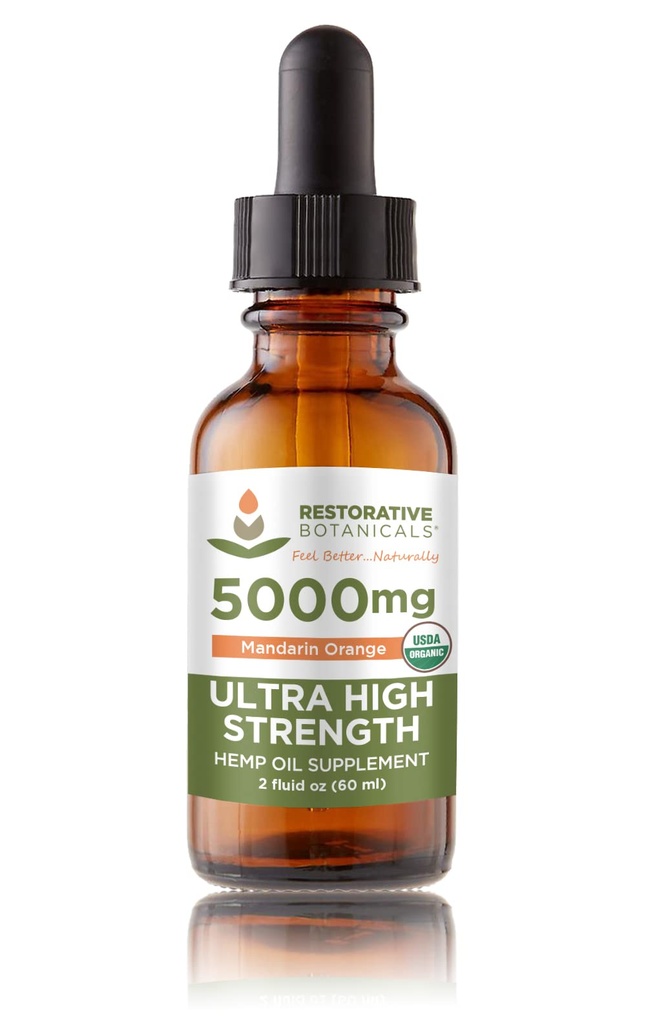 Ultra High Strength Hemp Oil Drops 5000mg Mandarin Orange Flavor (2 oz - 120 σέρβις) USDA Certified Organic, Calming Relief Supplement