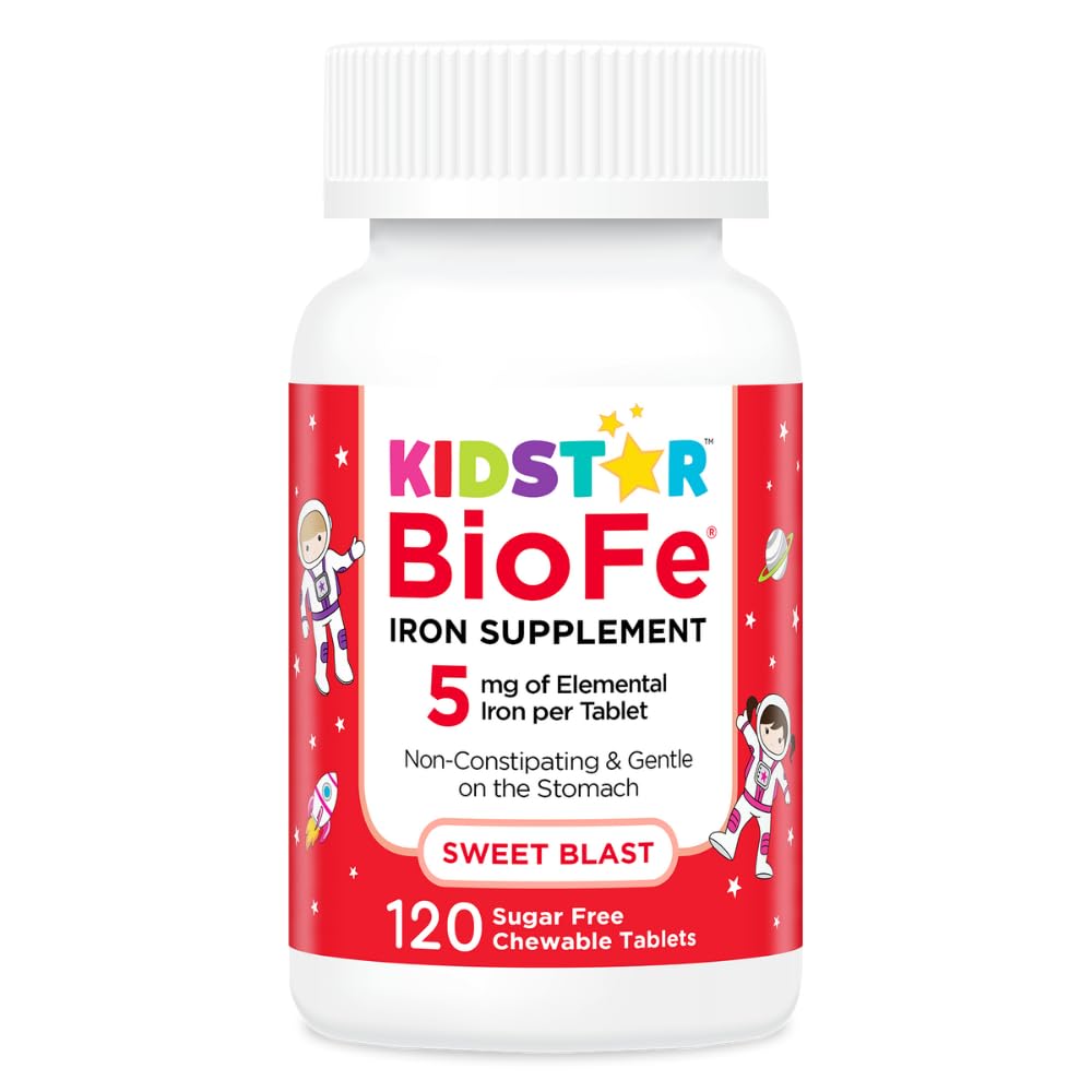 KidStar Nutrients BioFe Pure Iron Chewables for Kids & Adults, Sweet Blast, No Sugar, Sweetened with Xylitol, 120 Chewable Tablets