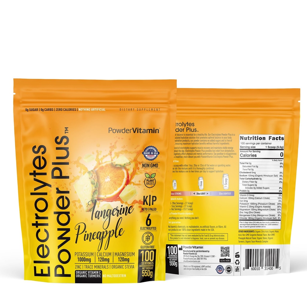 PowderVitamin Electrolytes Powder Plus (100 μερίδες) Tangerine Pineapple Electrolyte Powder Zero Calorie Keto,0Sugar, No Maltodextrin,1000mg Κάλιο,120mg Ασβέστιο,120mg Μαγνήσιο, Ενυδατική σκόνη