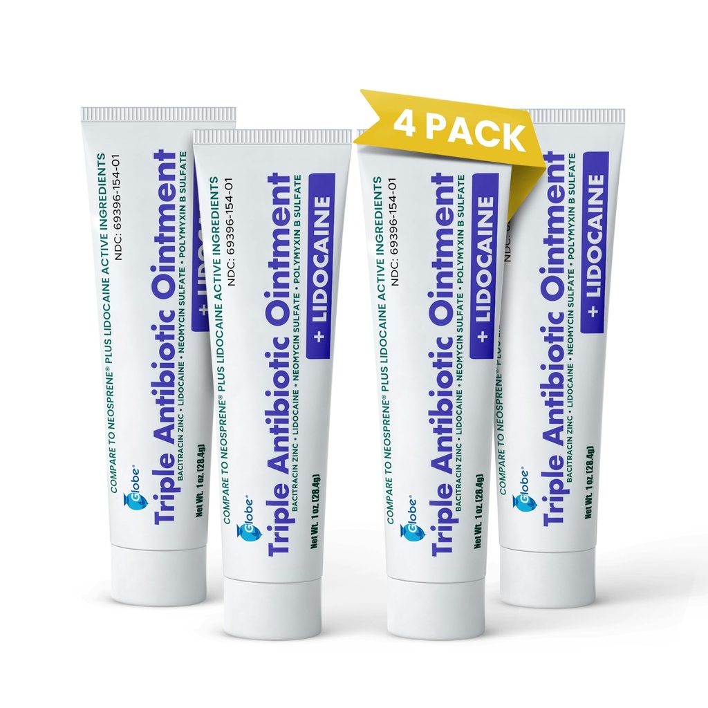 Globe (4-πακέτο) Lidocaine First Aid Antibiotic Aintment 1 Oz - Μέγιστη δύναμη για την ανακούφιση του πόνου και της μόλυνσης - Numbs δέρμα γρήγορα με Λιδοκαΐνη - Επείγουσα χρήση & προστασία της μόλυνσης