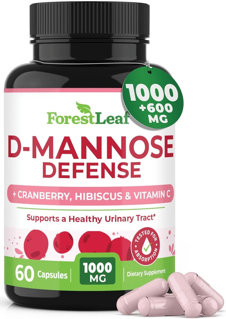 ForestLeaf D Mannose 1000mg Κάψουλες - D- Mannose με Cranberry, Hibiscus & VIT C, Urinary Tract Health for Women and Men, Βιολογικά χάπια Dmannose για UTI, Urinary Health & Bladder Υποστήριξη 60 κάψουλες