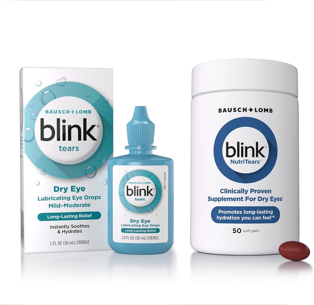BLINK Δάκρυα Λιπαντικές σταγόνες ματιών, 1 fl oz (30 mL) Φροντίδα ματιών για ήπια έως μέτρια ξηρά μάτια, Υαλουρονικό για την ενίσχυση της ενυδάτωσης NutriTears Κλινικά Αποδεδειγμένο συμπλήρωμα για ξηρά μάτια, 50 Softgels