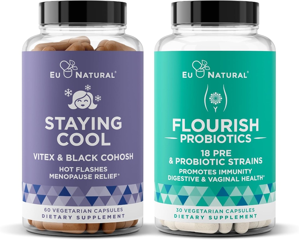 Eu Natural Staying Cool and Flourish Bundle - Hot Flashes, Εμμηνόπαυση Ανακούφιση, Γυναικεία Προβιοτικά + Πρεβιοτικά