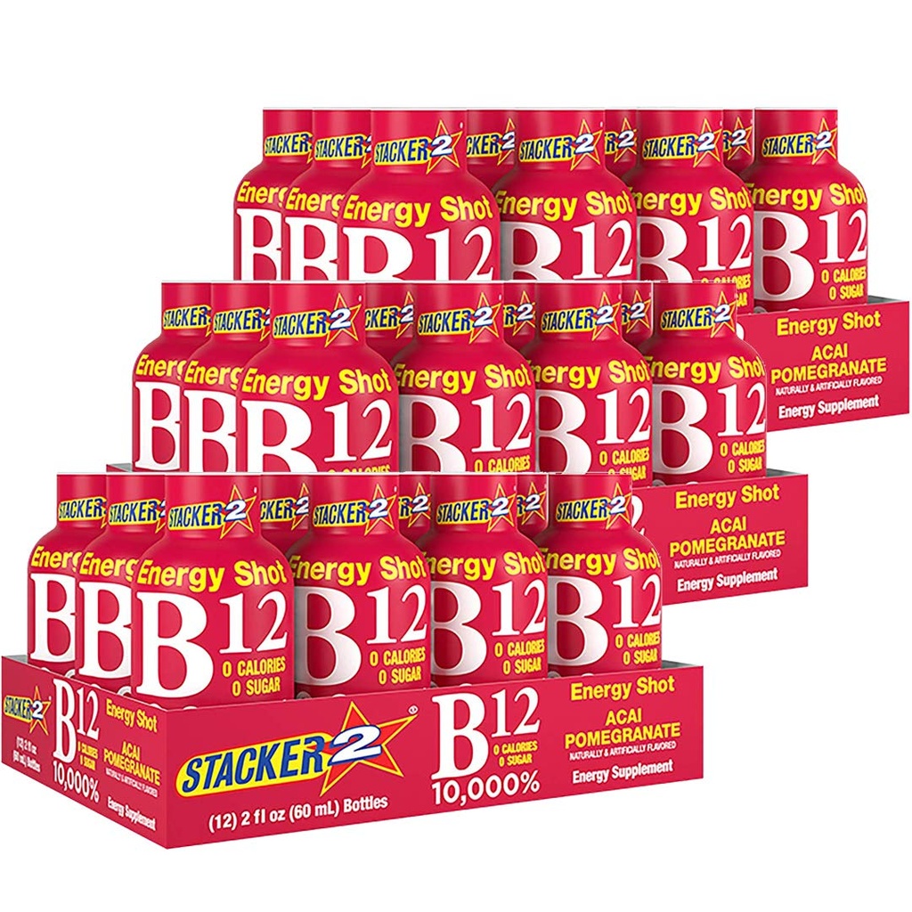 Stacker 2 Vitamin B Complex B12 B6 B3 Liquid Energy Shots - Acai & Ρόδι - Κυανοκοβαλαμίνη, 10.000% DRV - B-6 Πυριδοξίνη 40mg - B3 Νιακιναμίδιο (Niacin) 20mg - BASED BOX Bundle (2oz, Pack of 36)