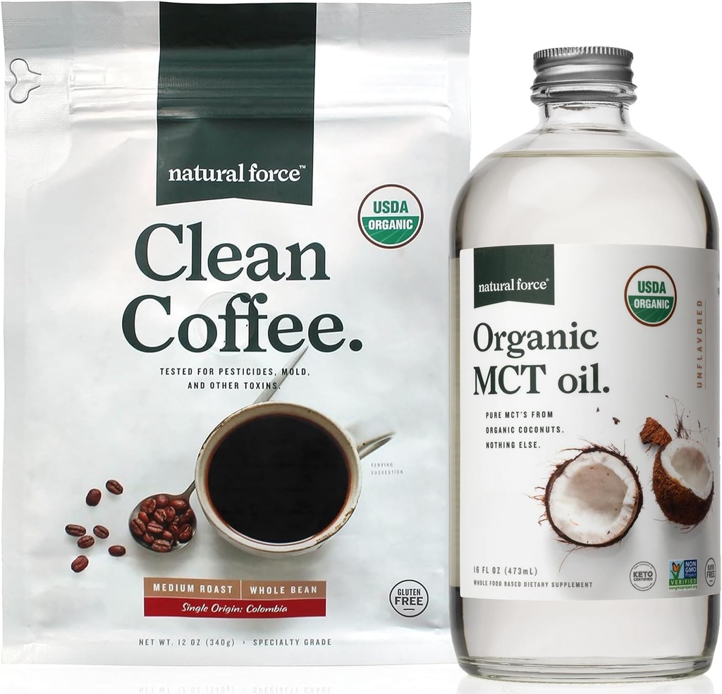 Natural Force Organic Clean Coffee + Organic MCT Oil Bundle – 100% Pure Coconut MCTs & Mold & Mycotoxin Free Coffee – Non-GMO, Keto, Paleo, and Vegan - 12 Oz Bag and 16 Oz Glass Bottle