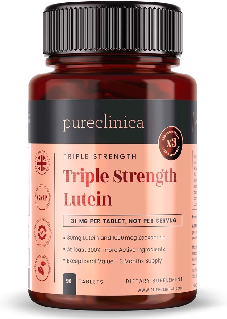 pureclinica Lutein 30mg with Zeaxanthin 1000mcg – Triple Strength Supplement, 90 Tablets (3-Month Supply)