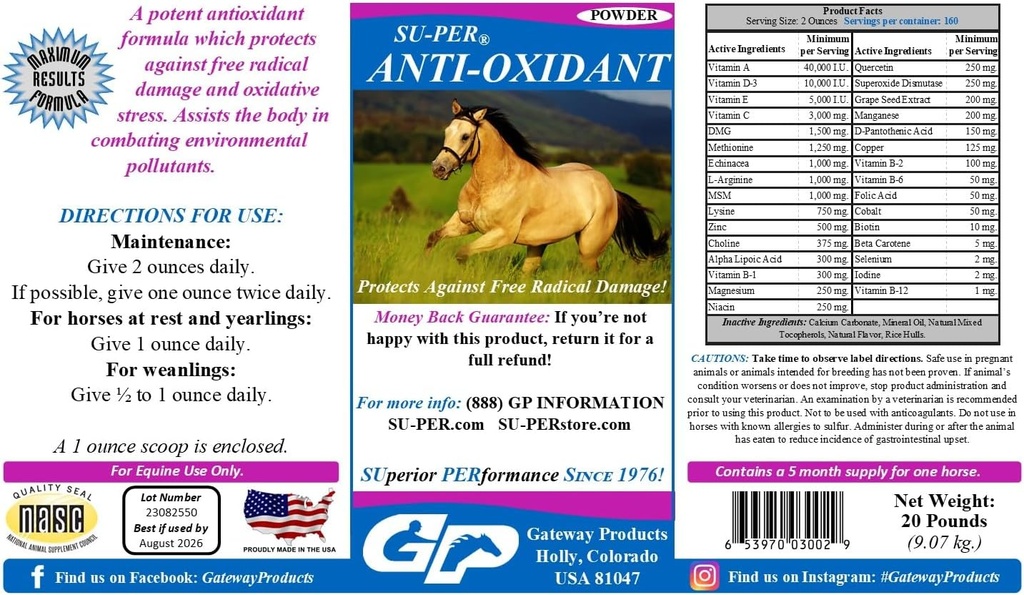 SU-PER Anti-Oxidant συμπλήρωμα για τα άλογα - Βιταμίνες Equine & Essential Antioxidant Support - Καταπολέμηση των Περιβαλλοντικών Ρύπων & Οξειδωτικό στρες - 20 Λίρες, 5 Μήνες Προσφορά