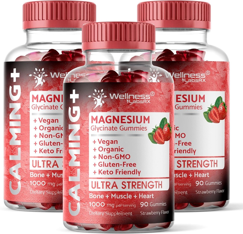 Μαγνήσιο Γλυκινικό Gummies, 1000 mg - Συμπλήρωμα μαγνησίου για την υποστήριξη Χαλάρωση, Υγεία της Καρδιάς - Μασώμενη Ηρεμία Magnesio Gummies για ενήλικες, Glicinato De Magnesio - Flavor Φράουλα - Συσκευασία των 3