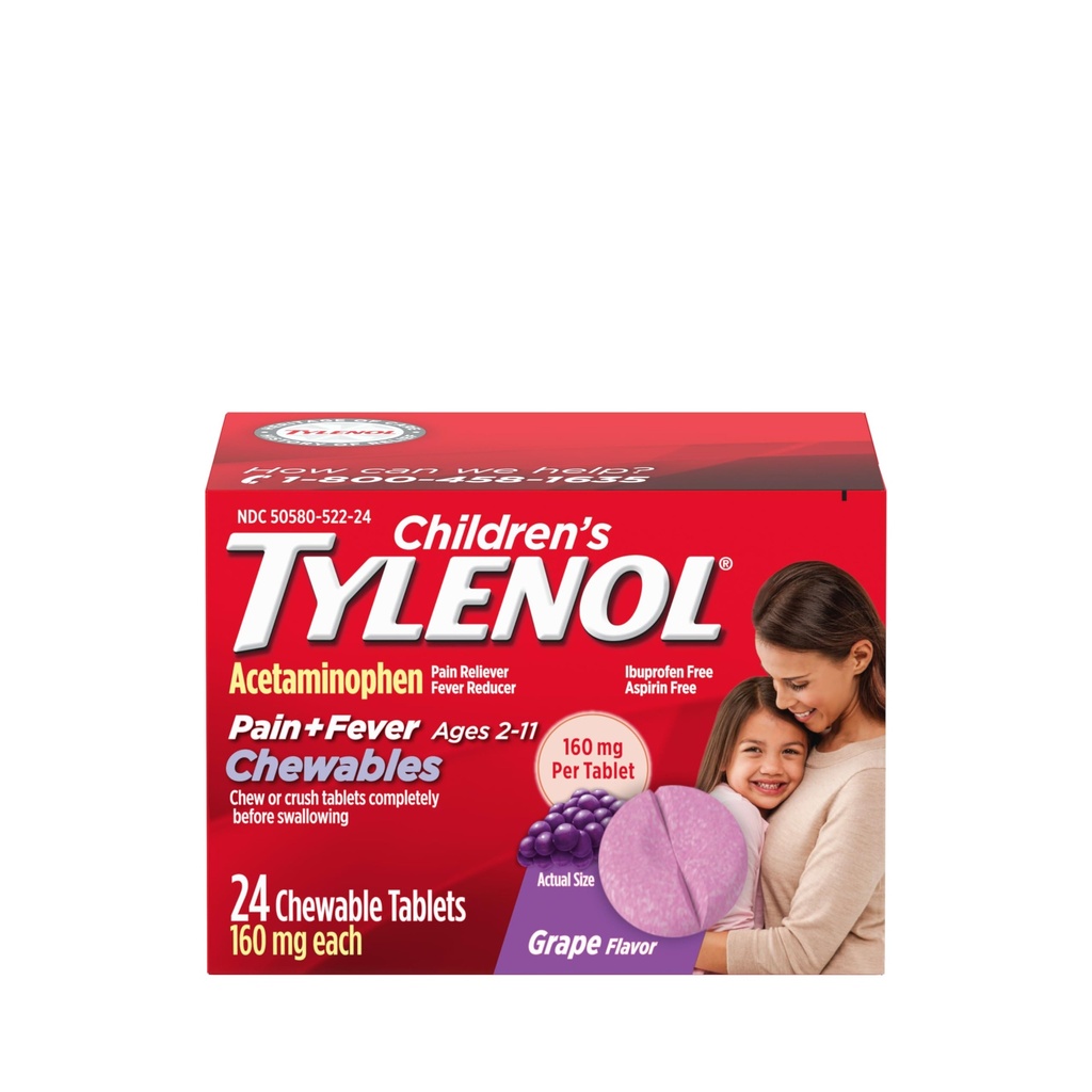 Παιδική Tylenol μασώμενα με 160 mg Acetaminophen, Pain Reliever & Fever Reucer για το Παιδικό Ψυχρό + συμπτώματα γρίπης, Πονοκέφαλος, Πονοκεφάλου & Οδοντόκρεμα, Ασπιρίνης- Free, Γεύσεις Σταφυλιού, 24 ct