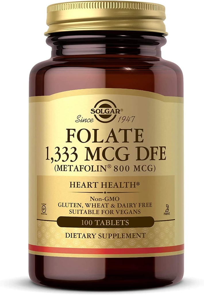 Solgar Folate 1, 333 mcg DFE, 100 δισκία - 800 mcg Βιο- δραστικό μεταφολίνη - Υγεία της καρδιάς - Μη-GMO, Vegan, Χωρίς γλουτένη, Χωρίς γαλακτοκομικά, Kosher - 100 σερβιρίσματα