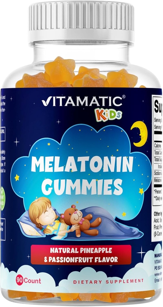 Vitamatic Sugar Free Kids Melatonin 1mg, 90 Gummies, Pineapple & passionfruit Flavored Gummies, 90 Days Supply