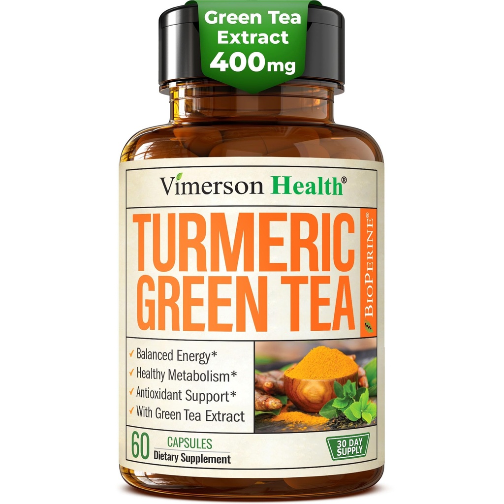 Turmeric Curcumin Supplement with Green Tea Extract (ECGC) & Vitamin C for Joint Health, Energy & Inflammation Balance - Organic Tumeric Curcumin with Black Pepper - Gluten-Free, Non-GMO - 60 Capsules