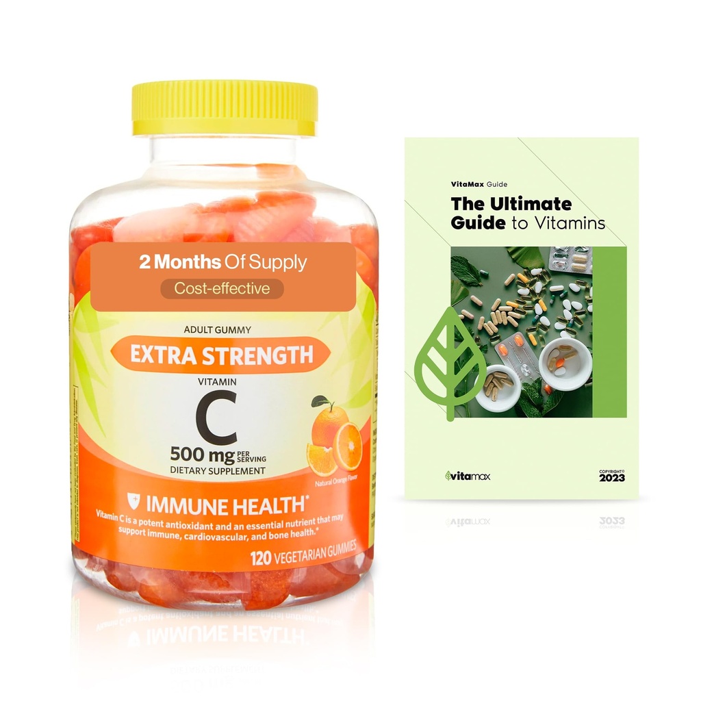 Spring Valley Extra Strength Vitamin C Ανοσοποιητική Υγεία Συμπλήρωμα διατροφής Χορτοφαγικά Gummies, Orange, 500 mg, 120 Count + Exclusive VitaMax Vita Vita Guide (2 Προϊόντα)